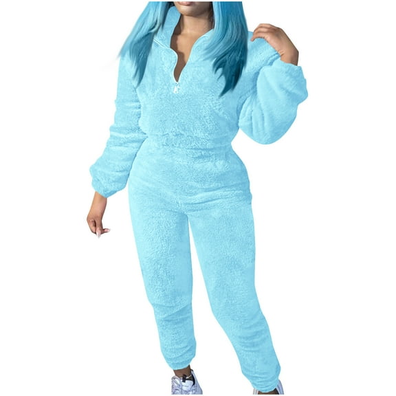 HUJlwoi Womens Fluffy Pajamas Set Two Piece Outfits Fleece Long Sleeve Lapel Pullover with Pants Lounge Set Warm Sweatsuits