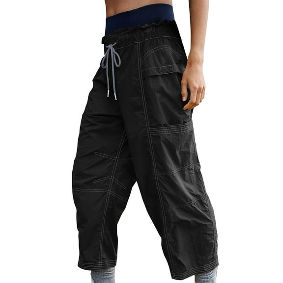 HUJlwoi Womens Hiking Pants Lightweight Paper Bag Waist Loose Wide Leg Cropped Trousers Quick Dry Fishing Camping Pocket Pants