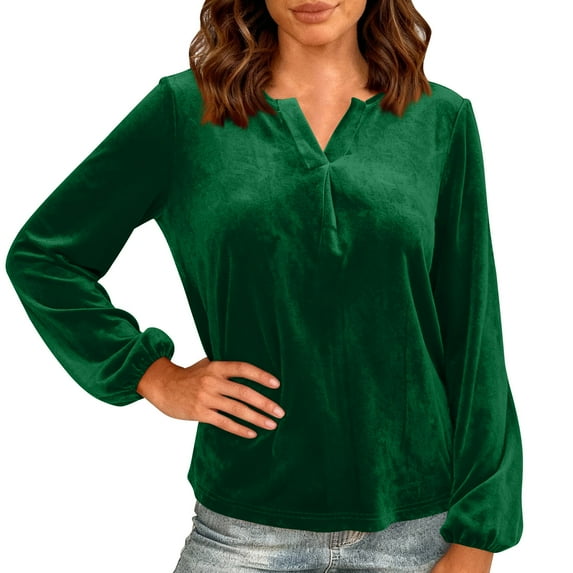 HUJlwoi Womens Long Sleeve Tops V Neck Velvet Casual T Shirts Comfortable Classic Tee Loose Fit Outfits Clothes S-XXL