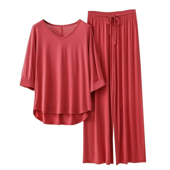 HUJlwoi Womens Loungewear Set Modal 3/4 Sleeve V-neck Summer Fashion Pjs Solid Color Casual Lounge Shirts and Pants 2025 Pajama Suit
