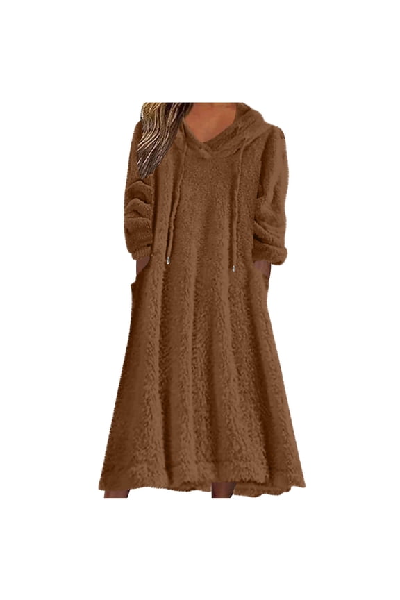 Womens Nightgown Fluffy Fleece Warm Nightdress Long Sleeve Sleepwear Hooded Night Shirt Long Sleep Shirt with Pockets