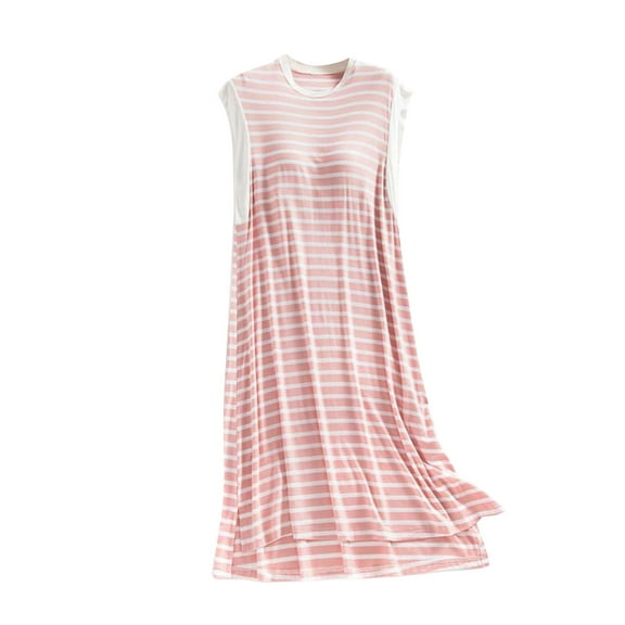 HUJlwoi Womens Nightgown Sleeveless Round Neck Sleepwear Striped High Low Hem Pajama Dress Comfort Nightwear with Built in Bra