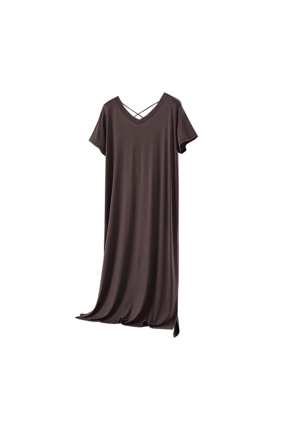 Womens Nightgown V Neck Criss Cross Open Back Sleepdress Short Sleeve Soft Side Split Nightshirt Loose Comfy Sleepwear