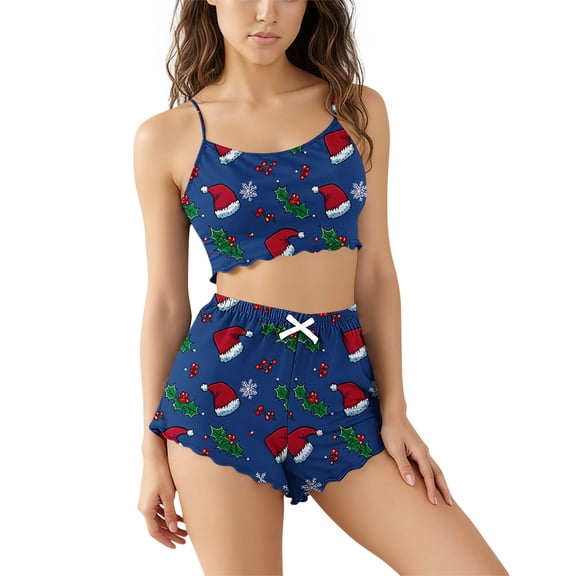 HUJlwoi Womens Pajama Sets 2 Piece Outfits Printed Sleeveless Crop Top with Bow Shorts Pj Set Christmas Matching Clothing
