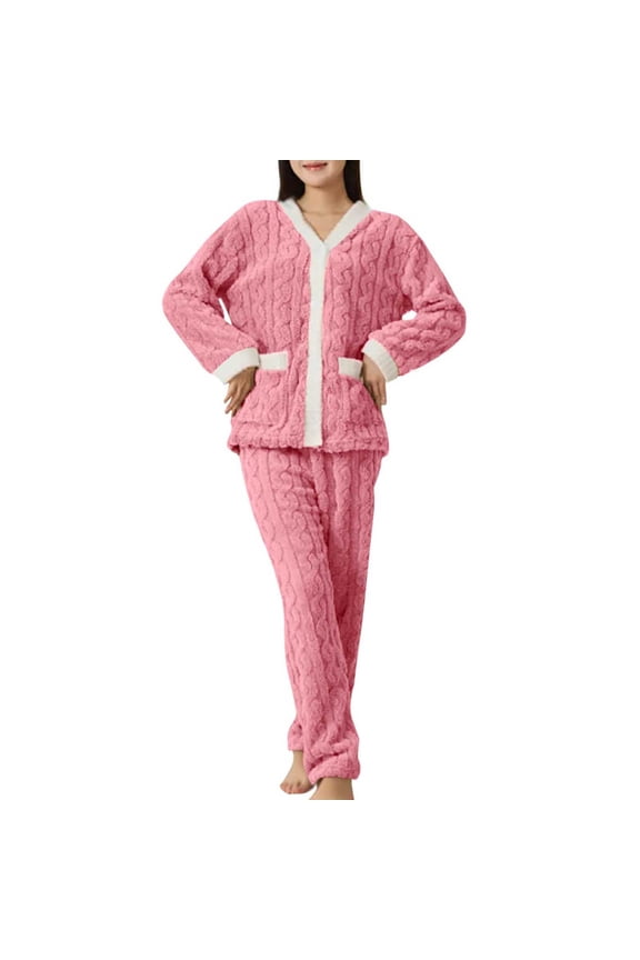 Womens Pajama Sets Winter Warm Fluffy Loungewear Soft Fuzzy Fleece Top with Pants Set 2 Piece Outfits with Pockets