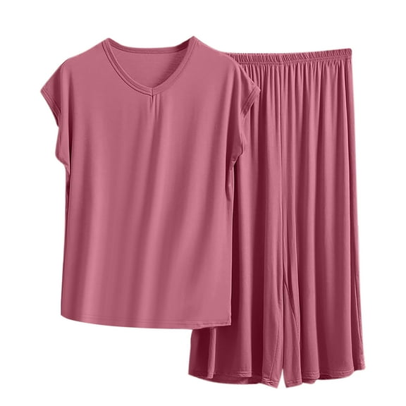 HUJlwoi Womens Plus Size Pajama Sets V Neck Sleeveless Sleep Shirt and Loose Pants Pj Set Basic Loungewear 2 Piece Outfits