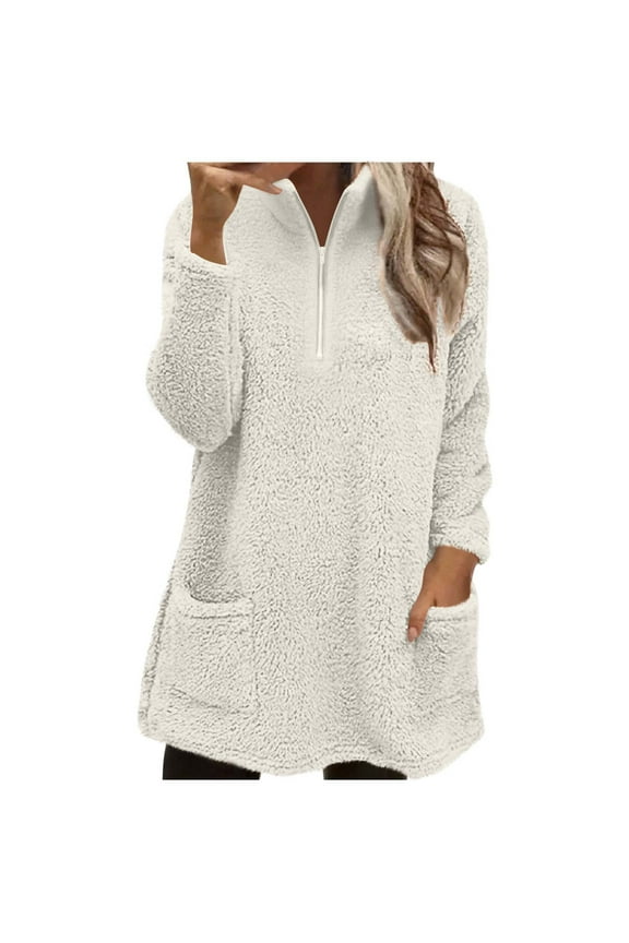 Womens Plus Size Tops Fuzzy Fleece Crew Neck Thermal Winter Loungewear with Pockets Fluffy Warm Pajama Tops