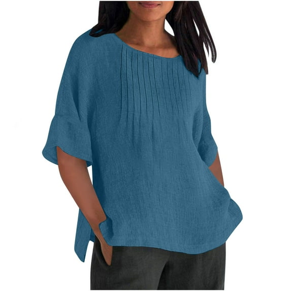 HUJlwoi Womens Plus Size Tops Pleated Loose Fit Cotton and Linen Shirts Side Slit Casual Half Sleeve Round Neck Summer Basic Tees