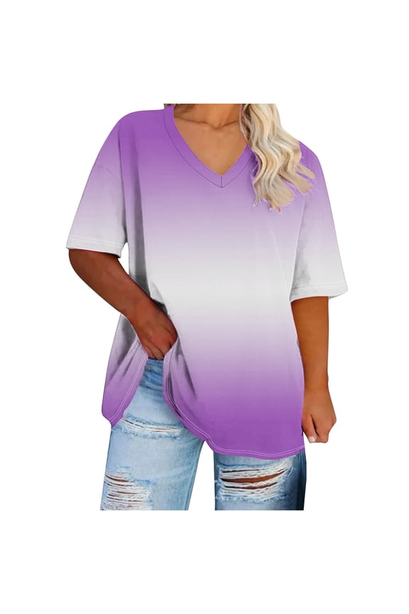 Womens Plus Size Tops Short Sleeve V Neck Gradient Tunic Tee Summer Casual T Shirts Comfy Soft Clothes XL-5XL