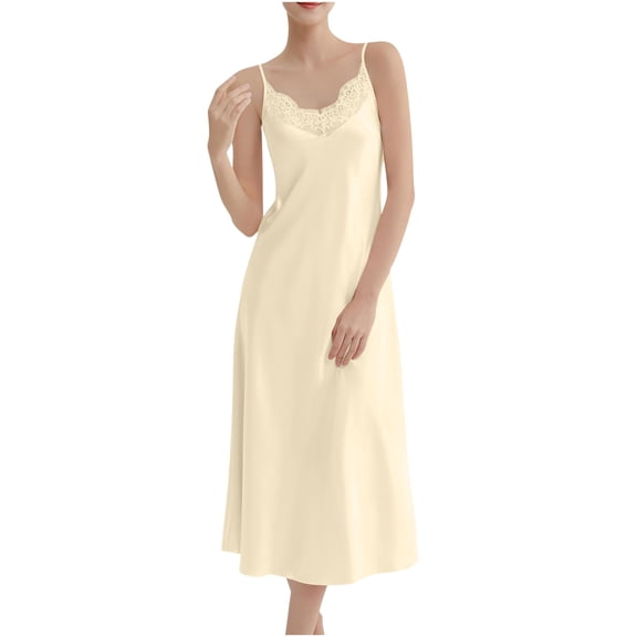 HUJlwoi Womens Satin Silk Nightgown Sleeveless Lace Nightdress Spaghetti Strap Soft Pajama Sleep Dress Full Length Nightwear