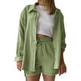 thumbnail image 1 of HUJlwoi Womens Sets 2 Piece Outfits Pleated Button down Shirt with Shorts Set Fall Fashion Matching Lounge Set Clothing, 1 of 5
