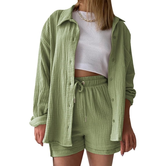 HUJlwoi Womens Sets 2 Piece Outfits Pleated Button down Shirt with Shorts Set Fall Fashion Matching Lounge Set Clothing