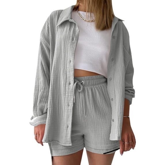 HUJlwoi Womens Sets 2 Piece Outfits Pleated Button down Shirt with Shorts Set Fall Fashion Matching Lounge Set Clothing