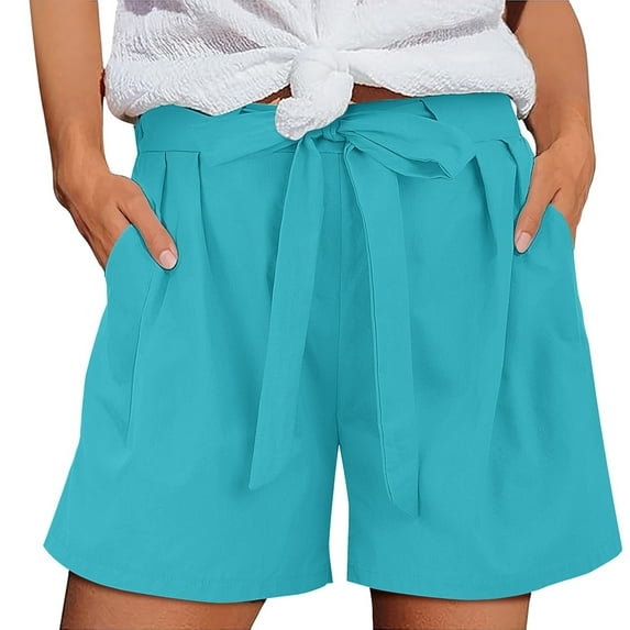 HUJlwoi Womens Shorts Lightweight Trendy Bowknot Tie Waist Cotton Linen Shorts Loose Fit Summer Beach Shorts with Pockets