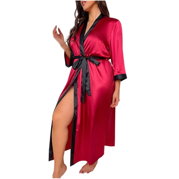 HUJlwoi Womens Silk Robe Plus Size Full Length Satin Robe Color Block 3/4 Sleeve Bathrobe Comfortable Soft Loungewear