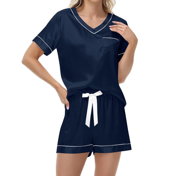 HUJlwoi Womens Stain Pajama Sets V Neck Short Sleeve Sleep Shirt Bow Tie Shorts Pj Set Soft Comfy Loungewear 2 Piece Outfits
