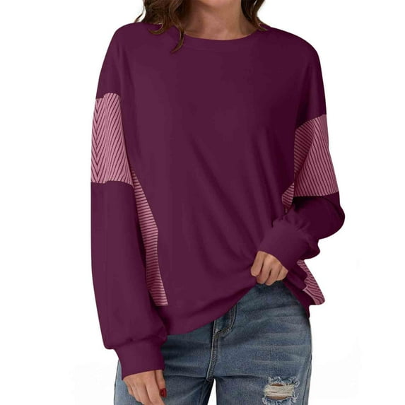 HUJlwoi Womens Sweatshirt Crew Neck Color Block Long Sleeve Loose Pullover Tops Fall Fashion Clothes Trendy Winter Outfits