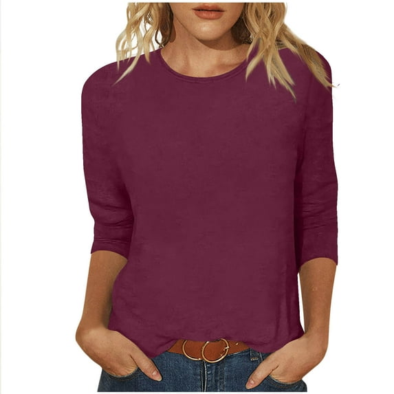 HUJlwoi Womens Tops 3/4 Sleeve Shirts Round Neck Loose Casual Blouses Solid Color Fashion Trendy Basic Fall Outfits