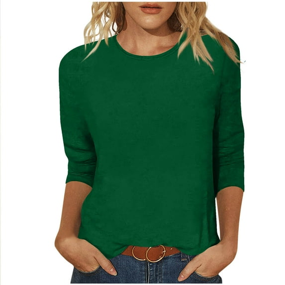 HUJlwoi Womens Tops 3/4 Sleeve Shirts Round Neck Loose Casual Blouses Solid Color Fashion Trendy Basic Fall Outfits