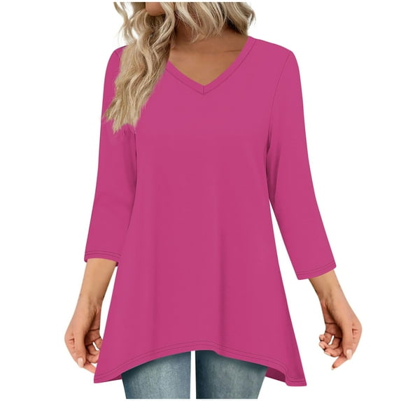 HUJlwoi Womens Tops 3/4 Sleeve V Neck Loose Fit Dressy Casual Blouses Solid Color T Shirts with Asymmetrical Hem