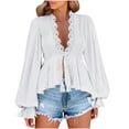 thumbnail image 1 of HUJlwoi Womens Tops Ruffle Long Sleeve Tie Front V Neck Shirts Drawstring Solid Color Trendy Beach Blouse Loose Fall Outfits, 1 of 7