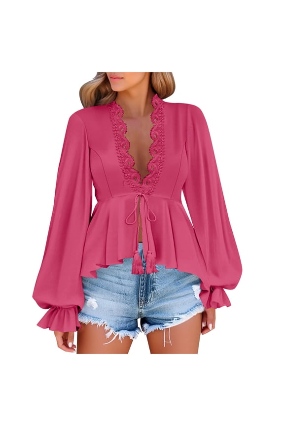 Womens Tops Ruffle Long Sleeve Tie Front V Neck Shirts Drawstring Solid Color Trendy Beach Blouse Loose Fall Outfits