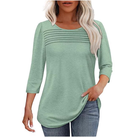 HUJlwoi Womens Tunic Tops 3/4 Length Sleeve Curved Hem Blouses Fall Outfits Pleated Front Round Neck Casual T Shirts