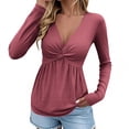 thumbnail image 1 of HUJlwoi Womens V Neck Tops Front Knotted Blouse Shirt Long Sleeve Elegant Slim Fit T-Shirt Solid Color Tunic Outfit, 1 of 7