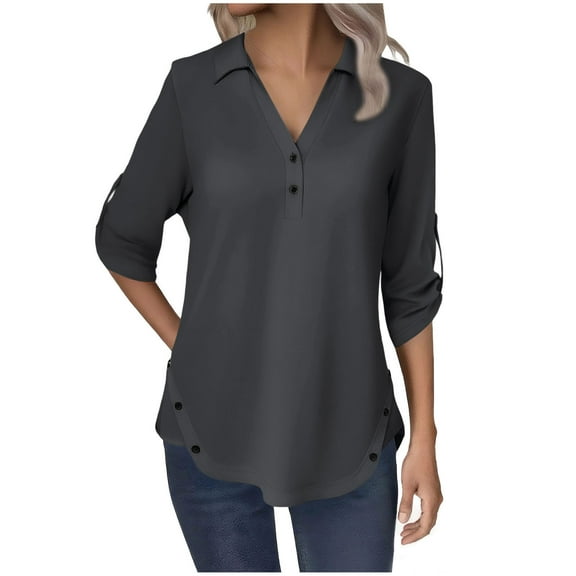 HUJlwoi Womens V Neck Tops Trendy Solid Color 3/4 Sleeve Lapel Shirts with Button Loose Casual Fall Blouse Outfit
