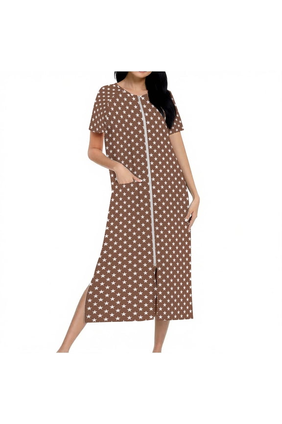 Womens Zipper Robe Short Sleeve Loungewear Star Print Full Length Sleepwear Long Side Split Bathrobe with Pocket