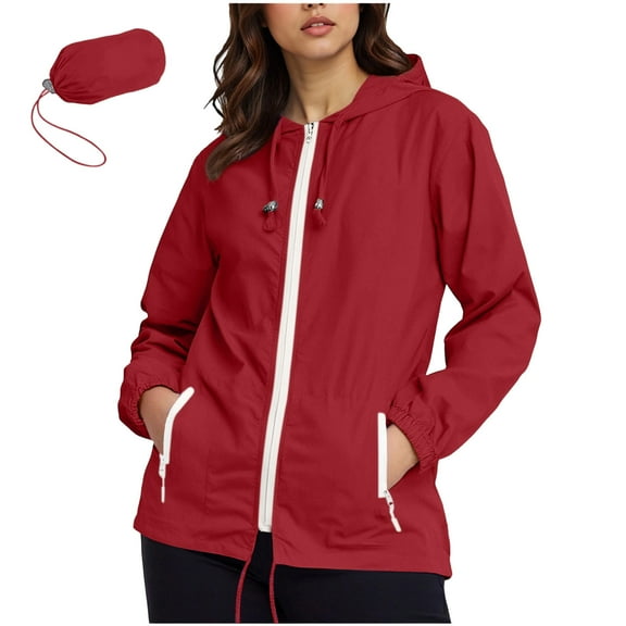 HUJlwoi Workout Jackets for Woman Lightweight Drawstring Windbreaker Waterproof Hooded Tops with Zipped Pocket Outdoor Running Hiking Clothes