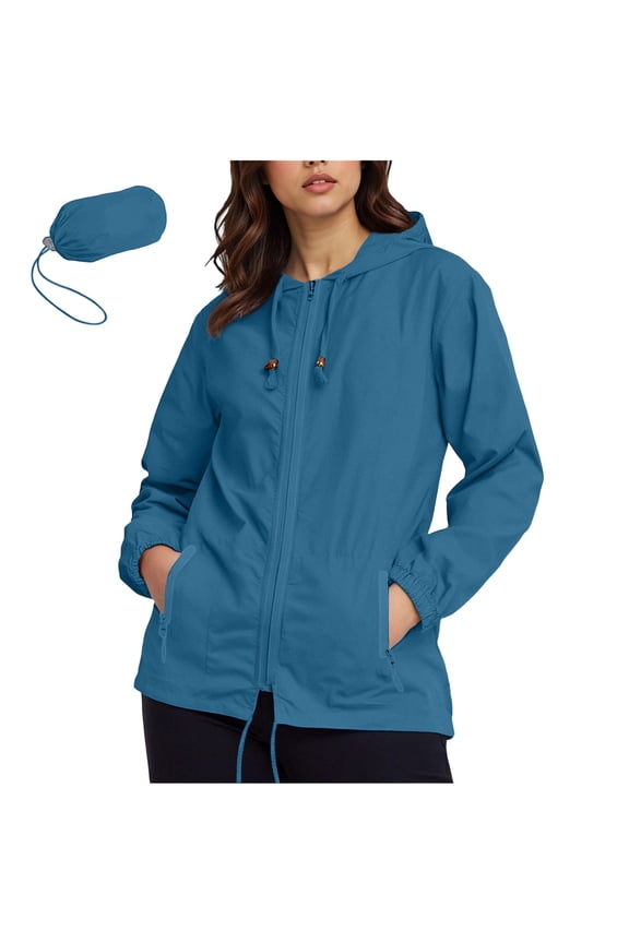 Workout Jackets for Woman Lightweight Drawstring Windbreaker Waterproof Hooded Tops with Zipped Pocket Outdoor Running Hiking Clothes