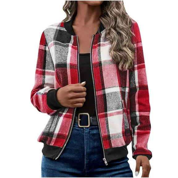 HUJlwoi Zip up Jacket for Womens Casual Loose Plaid Long Sleeve Outerwear Tops Workout Trendy Fall Overcoat Comfy Clothes