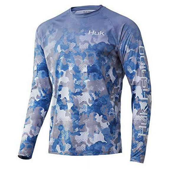 HUK Men's Pattern Pursuit Long Sleeve Performance Shirt, Refraction Fish Fade-Ice Boat, Large