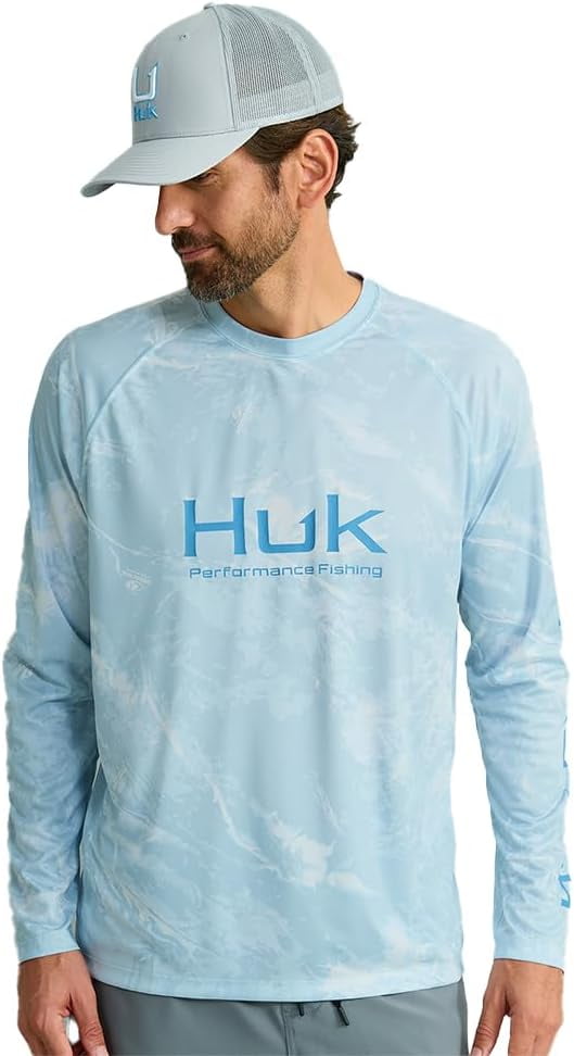 HUK Men's Standard Pursuit Pattern Crew Sleeve, Performance Shirt, Mossy Oak-Stormwater Bonefish