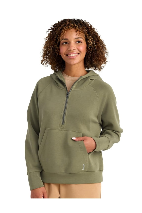 Women's Bayside 1/2 Zip Hoodie, Super Soft Spacer Knit Fabric, Oversized Fit, Kangaroo Pocket, Moss, H6130030