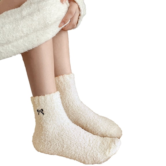 HUKOEMPN Fuzzy Socks Women's Thick Coral Fleece Lined for WarmthIn Autumn And Winter Plush With Bow Knot Sleep Socks For Women Khaki