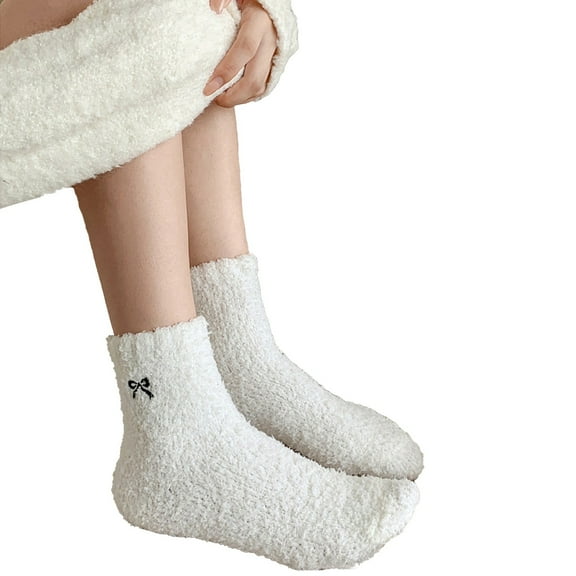 HUKOEMPN Fuzzy Socks Women's Thick Coral Fleece Lined for WarmthIn Autumn And Winter Plush With Bow Knot Sleep Socks For Women White