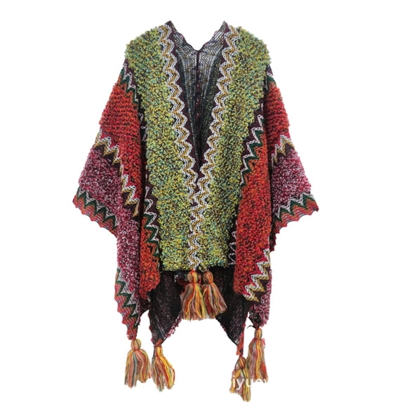 HUKOEMPN Shawl Wraps for Women Nationl Print Colourful Splice Poncho With Tassels Knitted Scarf Cape Gifts gifts for women Watermelon Red