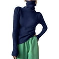 thumbnail image 1 of HUKOEMPN T Shirts for Women Turtleneck Ribbed Knit Sweater Top Long Sleeve Mock Neck Solid Slim Fit Casual Knitted Jumper Thermal Long Sleeve Women Navy, 1 of 4
