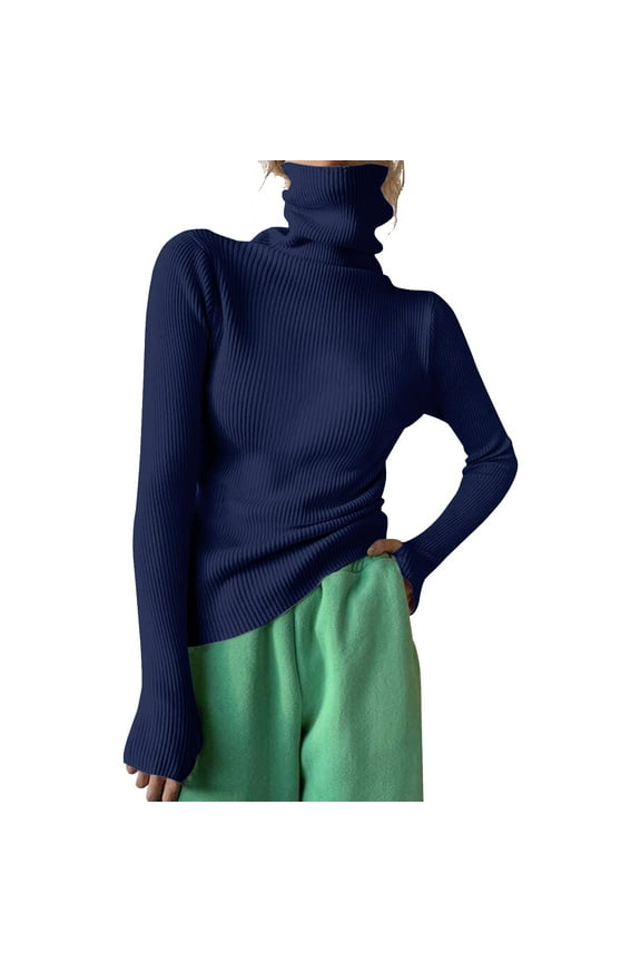 T Shirts for Women Turtleneck Ribbed Knit Sweater Top Long Sleeve Mock Neck Solid Slim Fit Casual Knitted Jumper Thermal Long Sleeve Women Navy
