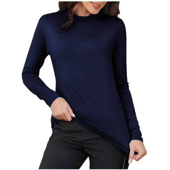 HUKOEMPN T Shirts for Women Thermal Tops Color Casual Elastic Undershirt Warm Top Long Sleeve Turtleneck Blouse Thermal Long Sleeve Women Navy