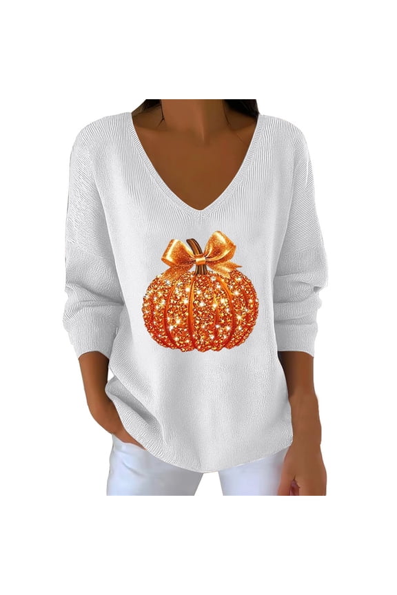 T Shirts for women Sequin Pumpkin Print Casual Striped Fabric Long Sleeve Halloween Shirt Going Out Tops White