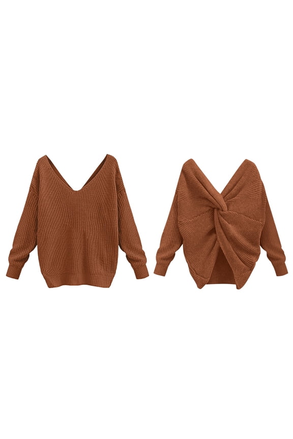 V Neck Sweater Women's Two Piece Knotted Over Open Back Knit Topdacron Lightweight Sweaters For Women Coffee