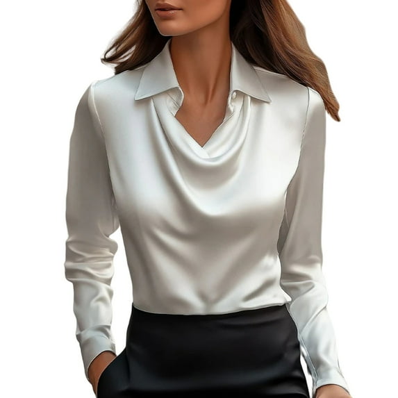 HUKOEMPN Women's Clothing Elegant Cowl Neck Satin Blouse Long Sleeve Work Shirt Top Going Out Tops for Women White