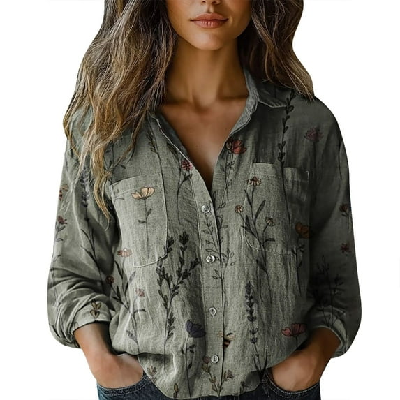 HUKOEMPN Women's Clothing Women Cotton Shirt Printed Fashion Button Down Shirts Casual Tops Long Sleeve Blouse Going Out Tops for Women Grey