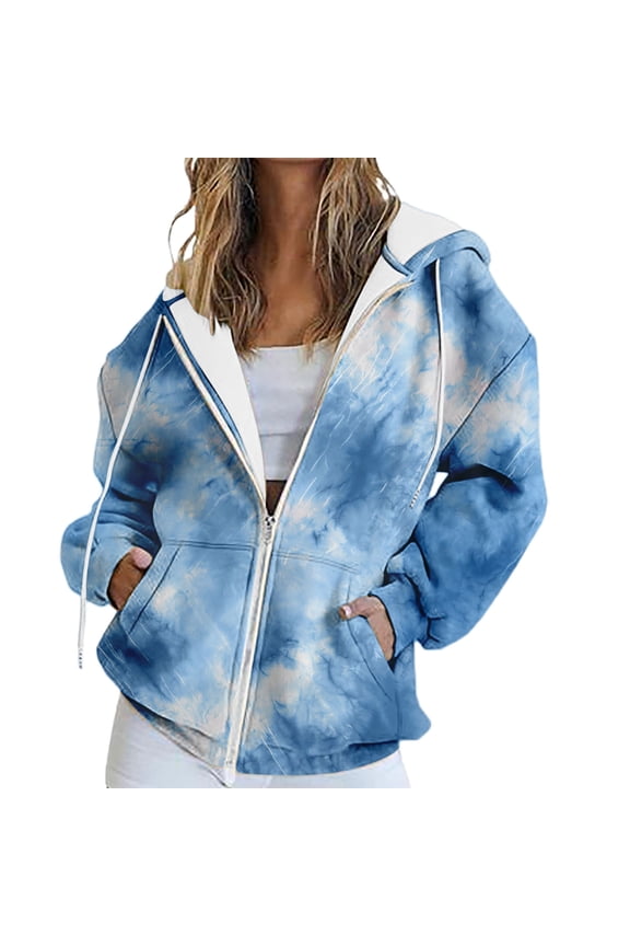 Zip Up Hoodie Women Autumn Winter Printed Fashion Tie Dye Pattern Hooded Sports Shirt Long Sleeve Pocket Zipper Top Long Hoodies For Women Blue