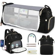 HUKOER Diaper Bag Backpack with Foldable Crib Changing Station, Insulated Milk Bottle Pocket Large Capacity Travel Backpack with USB Charging Port & Stroller Strap,Black