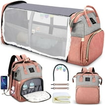 HUKOER Diaper Bag Backpack with Foldable Crib Changing Station, Insulated Milk Bottle Pocket Large Capacity Travel Backpack with USB Charging Port & Stroller Strap,Pink