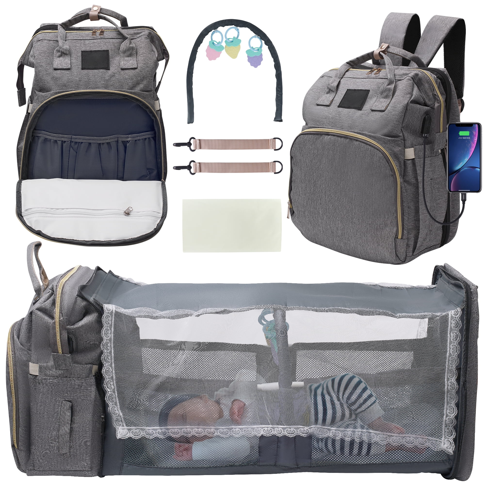 HUKOER Diaper Bag Backpack, Multifunctional Baby Changing Bag with Foldable Crib & Insulated